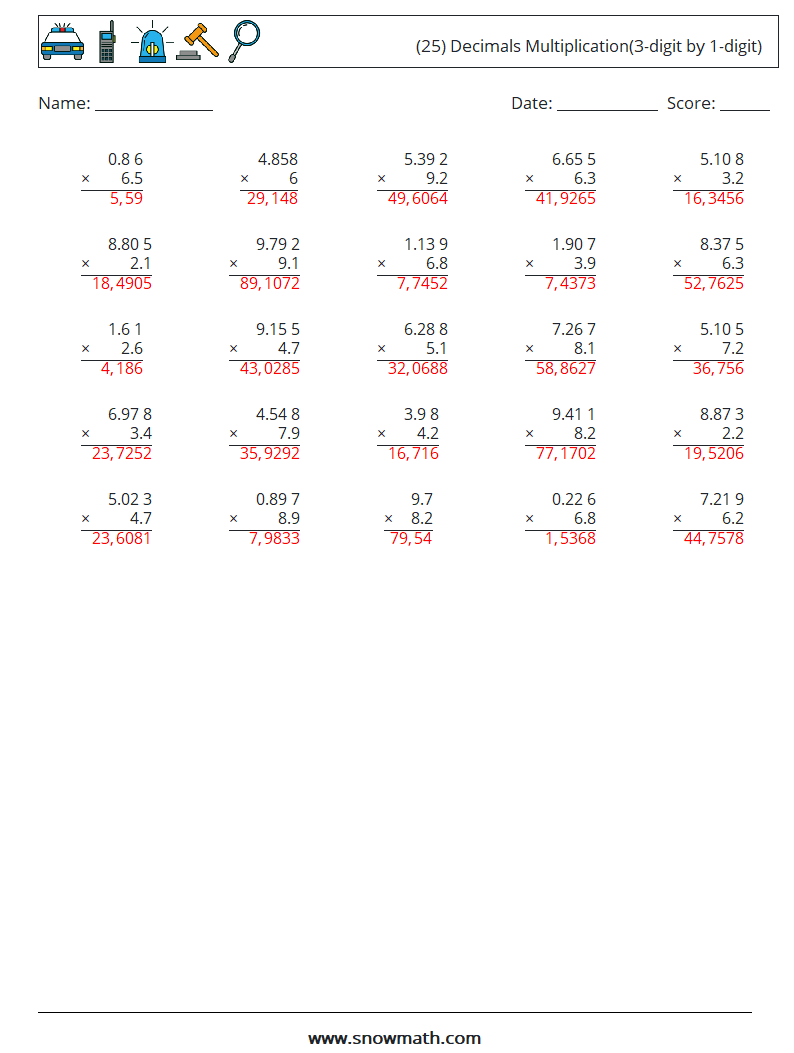 (25) Decimals Multiplication(3-digit by 1-digit) Math Worksheets 10 Question, Answer