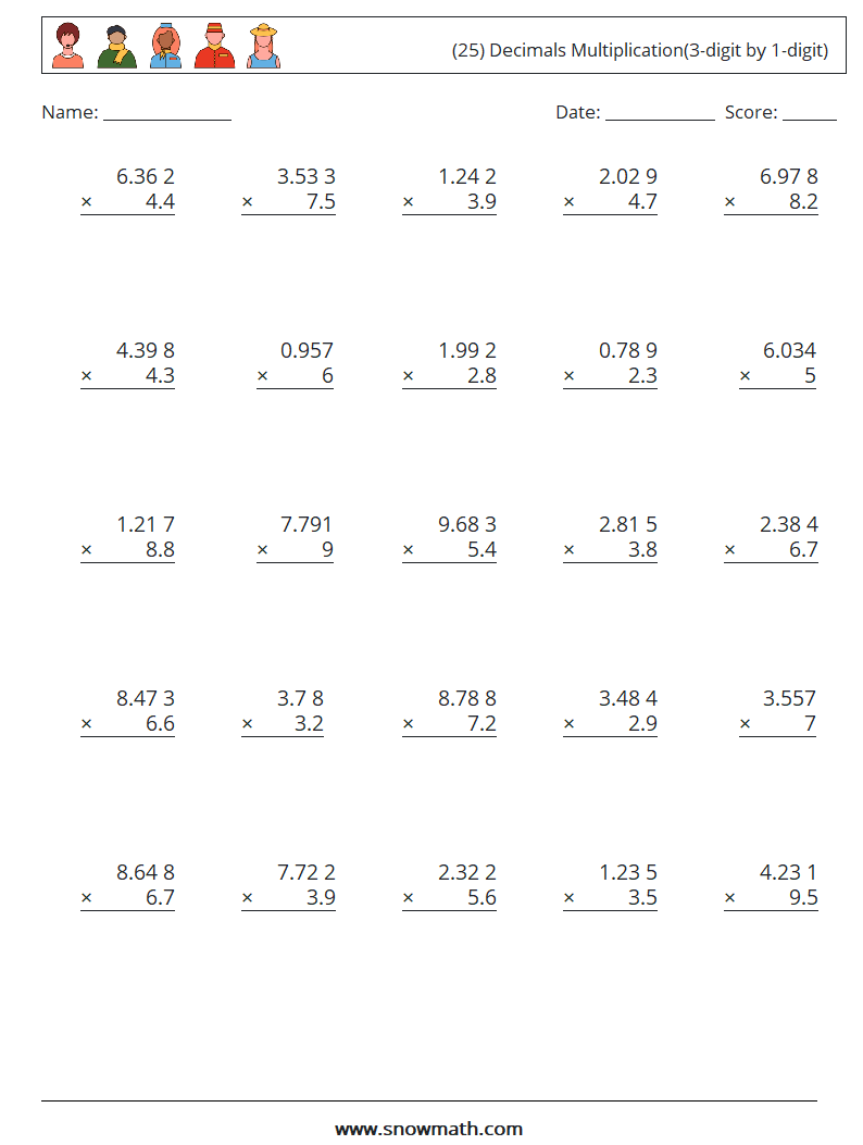 (25) Decimals Multiplication(3-digit by 1-digit) Math Worksheets 11