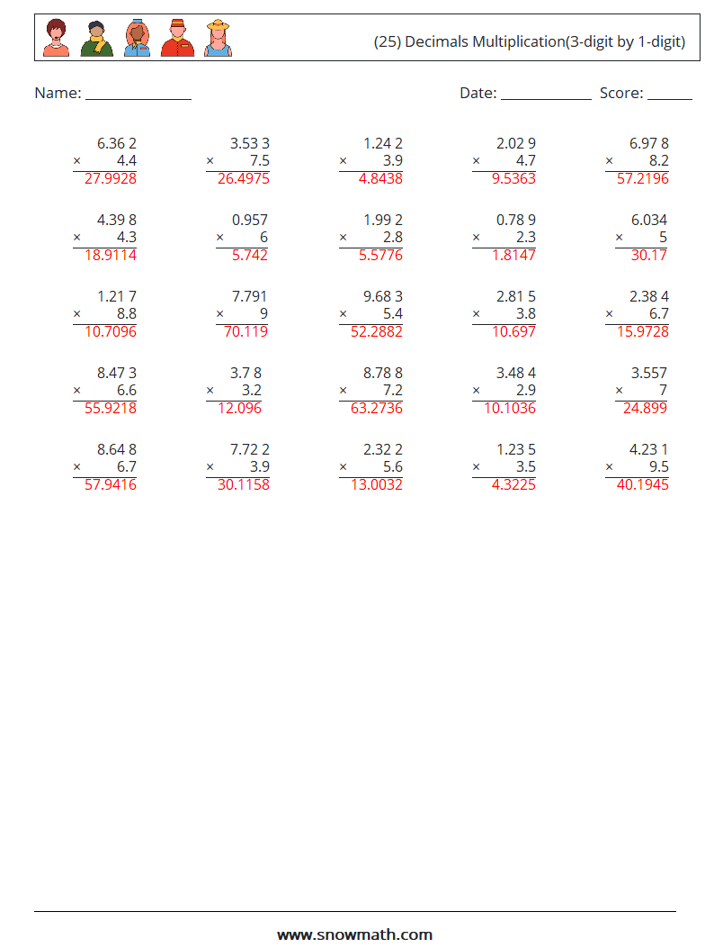 (25) Decimals Multiplication(3-digit by 1-digit) Math Worksheets 11 Question, Answer
