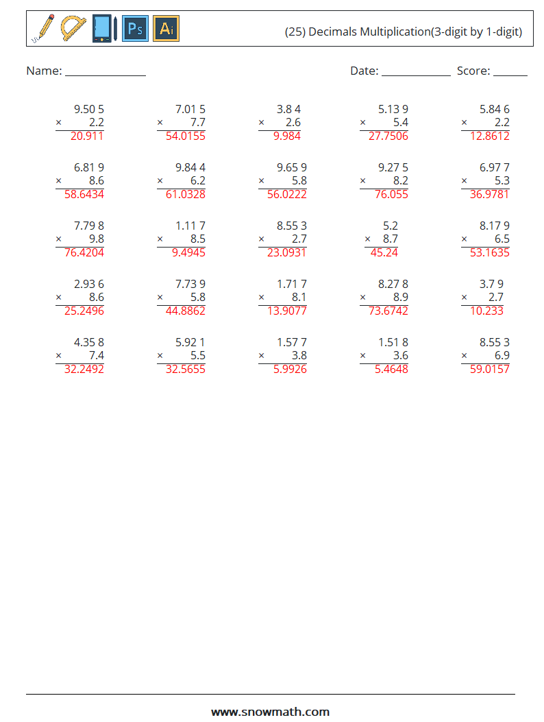 (25) Decimals Multiplication(3-digit by 1-digit) Math Worksheets 14 Question, Answer