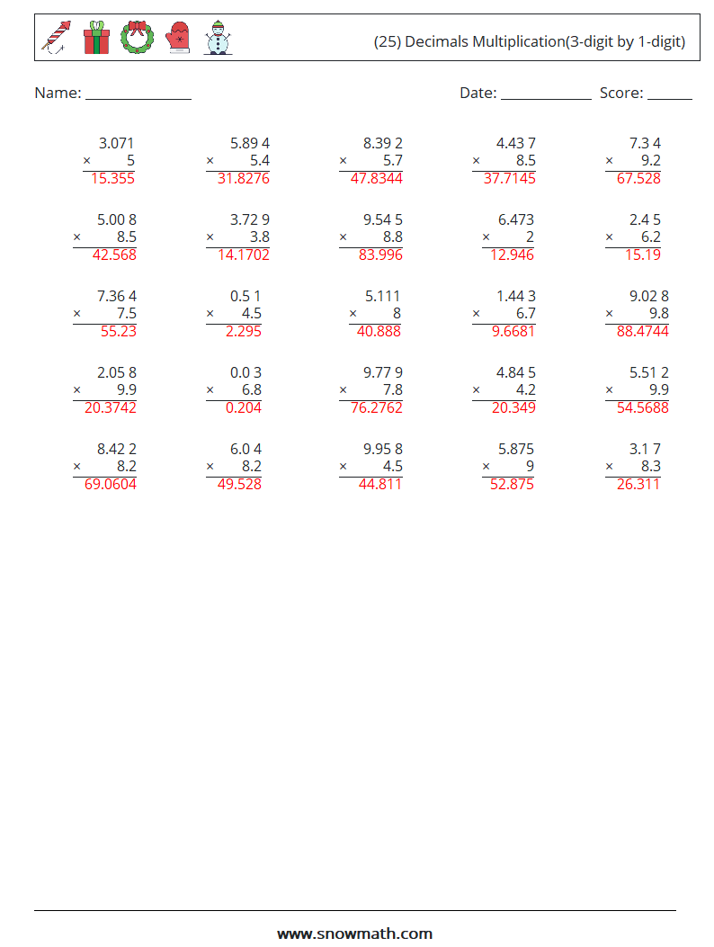 (25) Decimals Multiplication(3-digit by 1-digit) Math Worksheets 16 Question, Answer