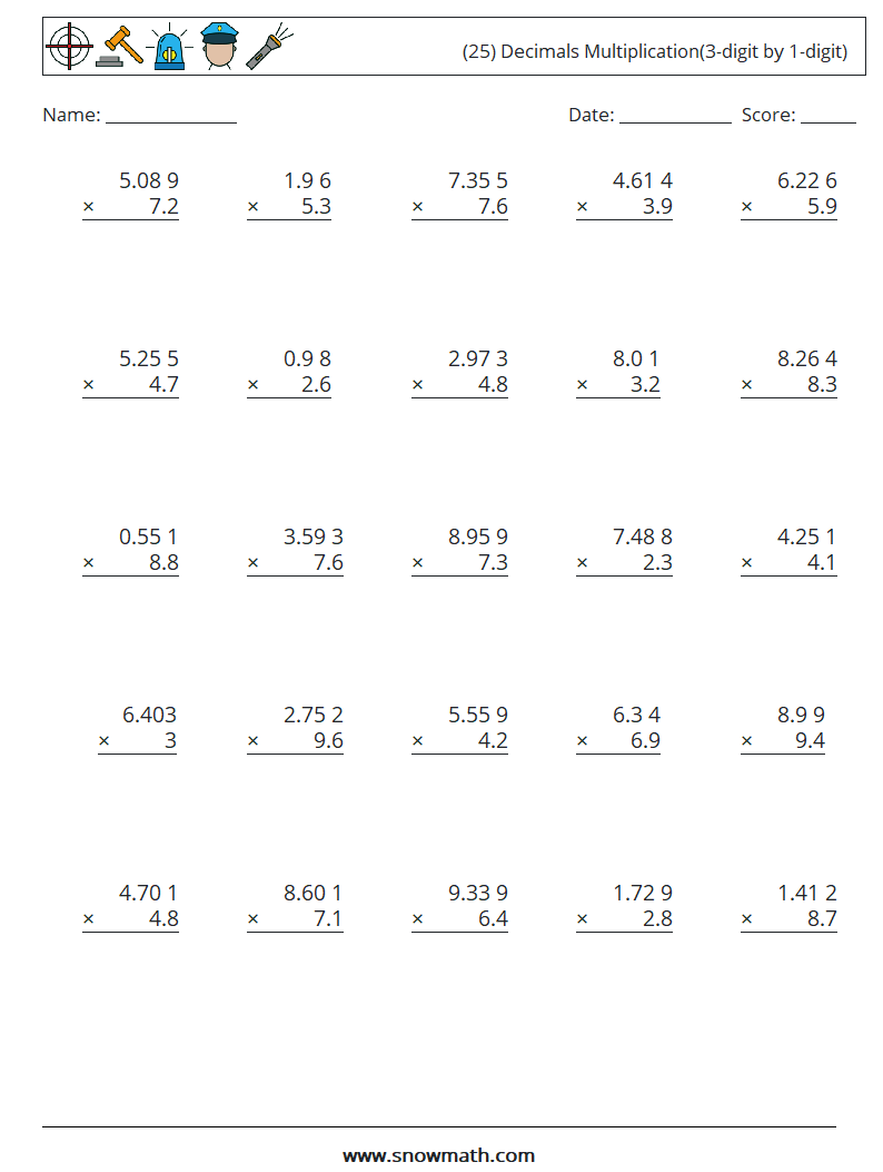 (25) Decimals Multiplication(3-digit by 1-digit) Maths Worksheets 17