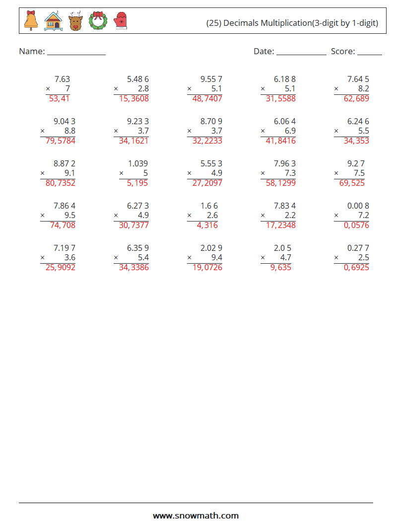 (25) Decimals Multiplication(3-digit by 1-digit) Math Worksheets 1 Question, Answer