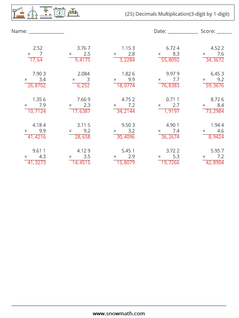 (25) Decimals Multiplication(3-digit by 1-digit) Math Worksheets 2 Question, Answer