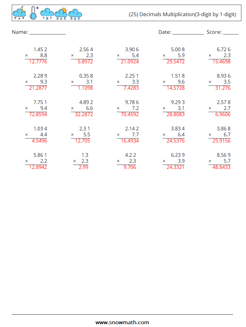 (25) Decimals Multiplication(3-digit by 1-digit) Math Worksheets 3 Question, Answer