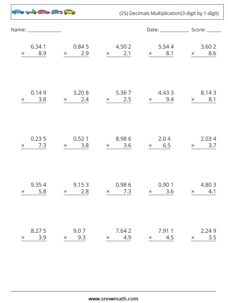 (25) Decimals Multiplication(3-digit by 1-digit) Maths Worksheets 4