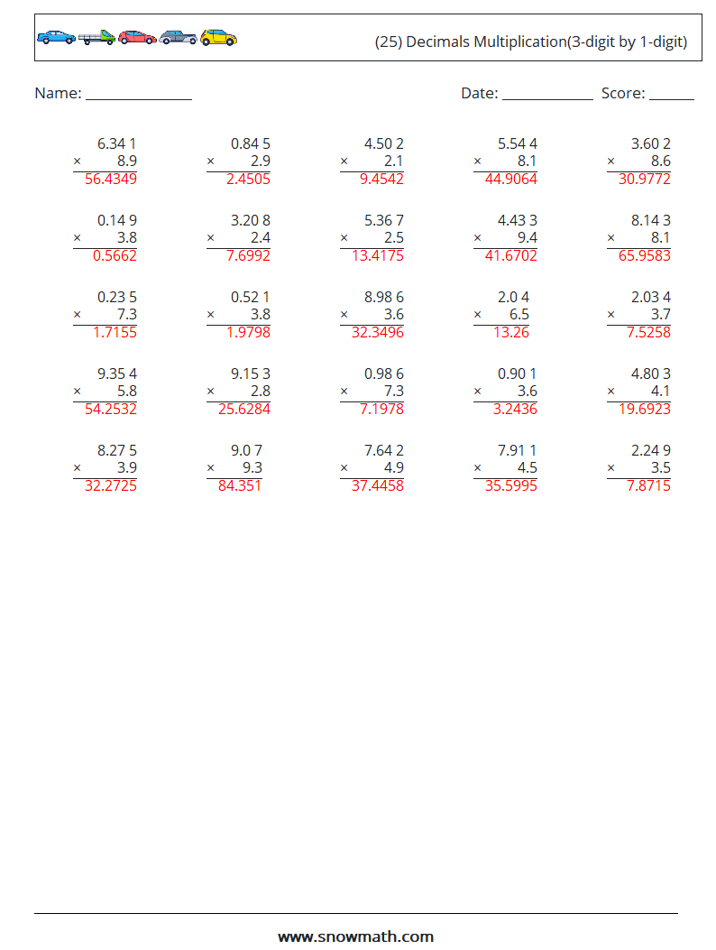 (25) Decimals Multiplication(3-digit by 1-digit) Math Worksheets 4 Question, Answer