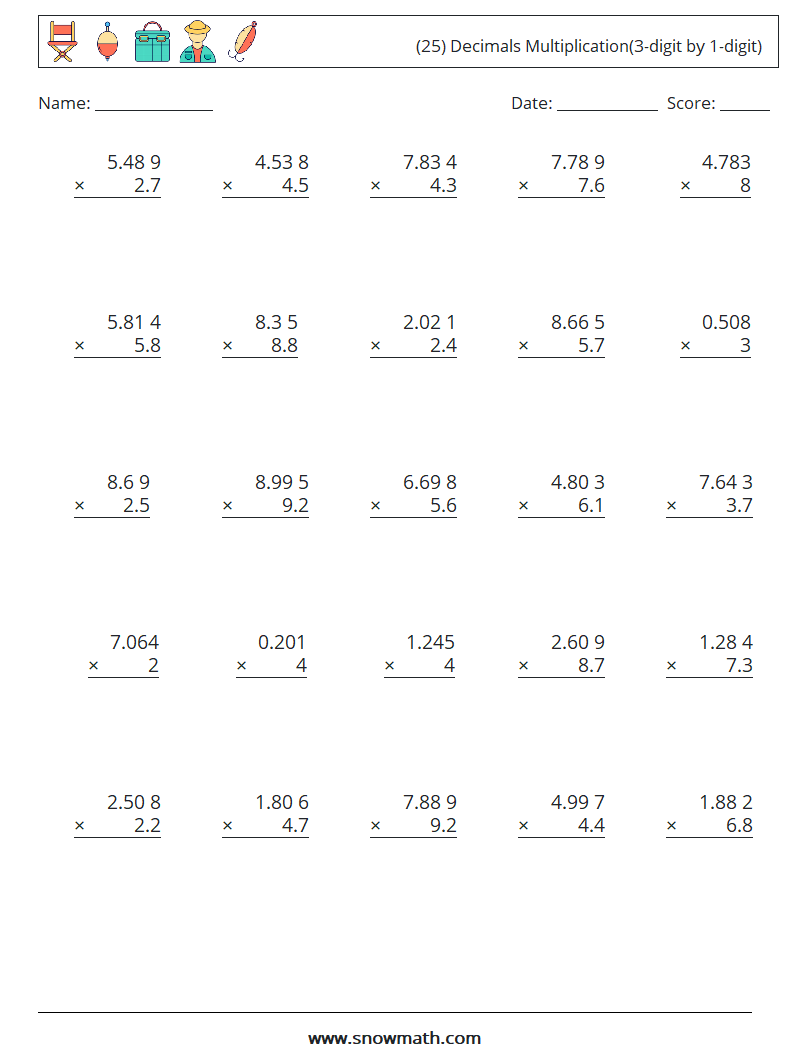 (25) Decimals Multiplication(3-digit by 1-digit) Math Worksheets 5