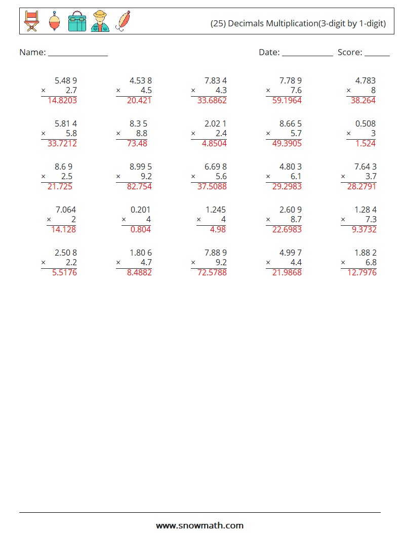 (25) Decimals Multiplication(3-digit by 1-digit) Math Worksheets 5 Question, Answer