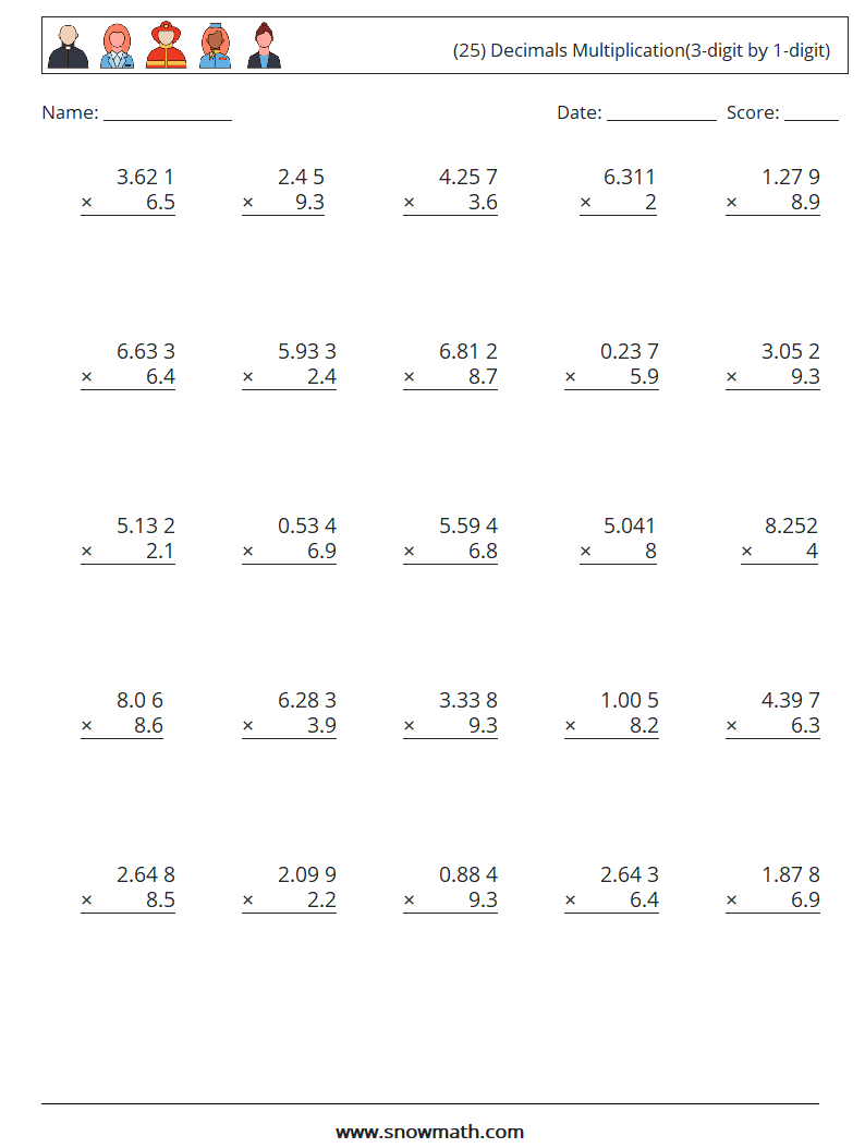 (25) Decimals Multiplication(3-digit by 1-digit) Math Worksheets 6