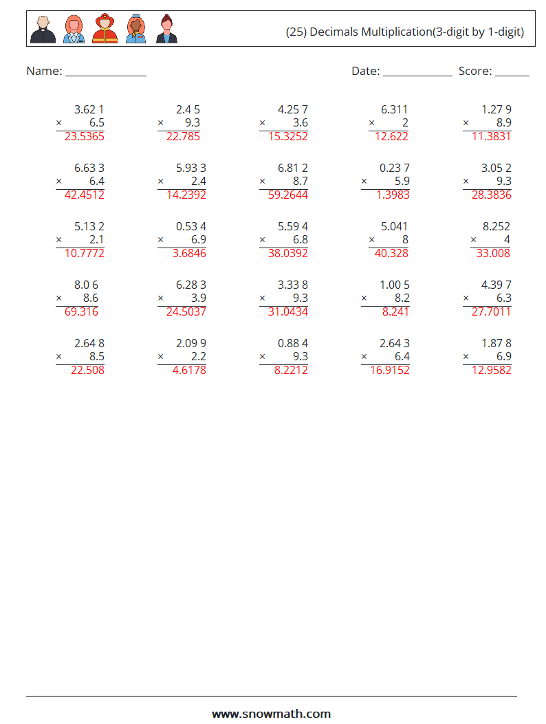 (25) Decimals Multiplication(3-digit by 1-digit) Math Worksheets 6 Question, Answer