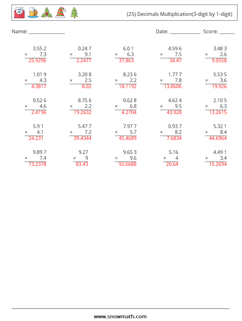 (25) Decimals Multiplication(3-digit by 1-digit) Math Worksheets 7 Question, Answer