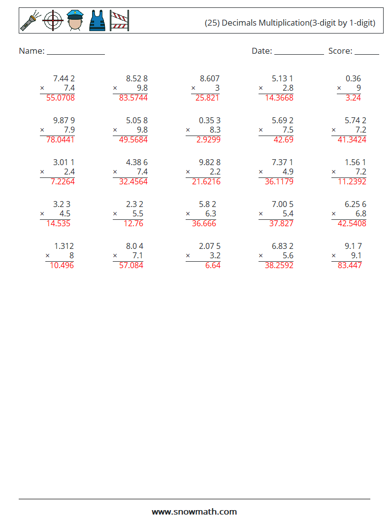 (25) Decimals Multiplication(3-digit by 1-digit) Math Worksheets 8 Question, Answer