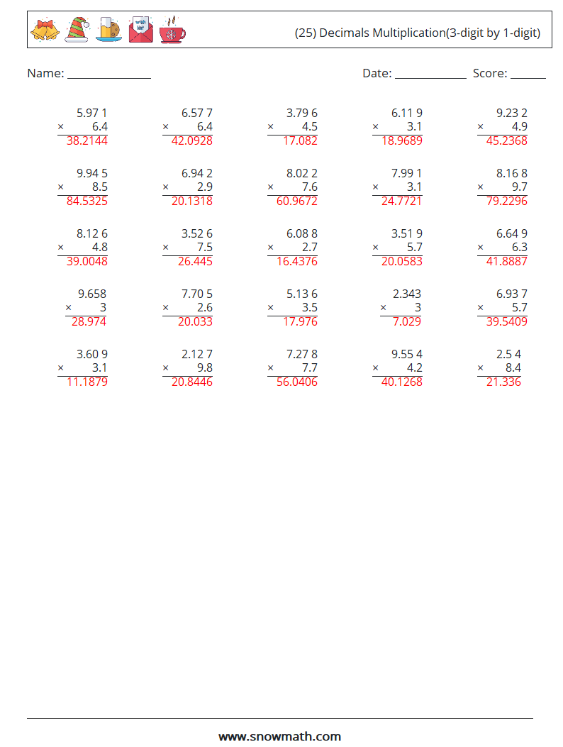 (25) Decimals Multiplication(3-digit by 1-digit) Math Worksheets 9 Question, Answer