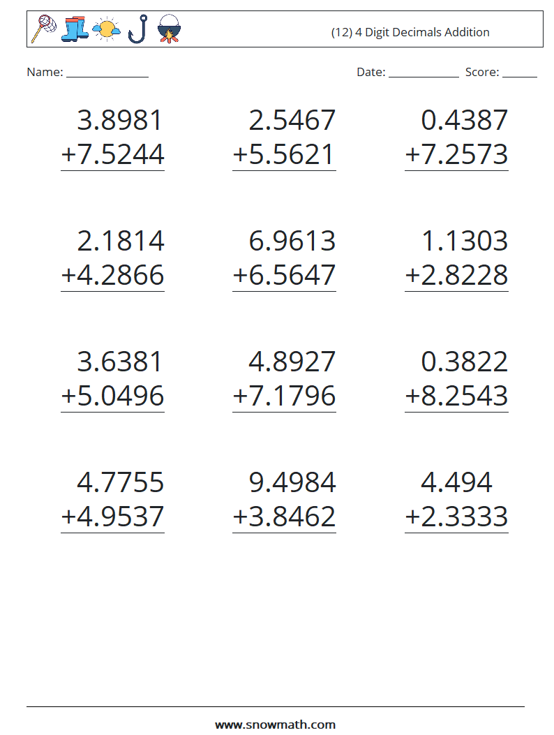 (12) 4 Digit Decimals Addition Maths Worksheets 1