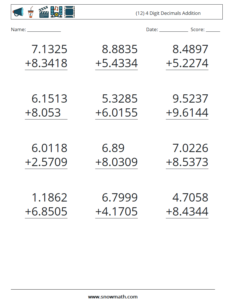 (12) 4 Digit Decimals Addition Math Worksheets 10