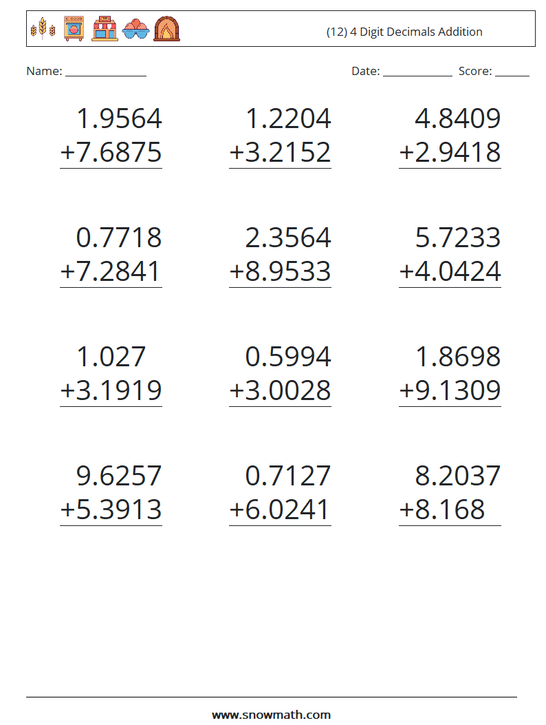 (12) 4 Digit Decimals Addition Maths Worksheets 11