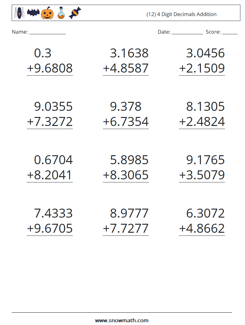 (12) 4 Digit Decimals Addition Maths Worksheets 12