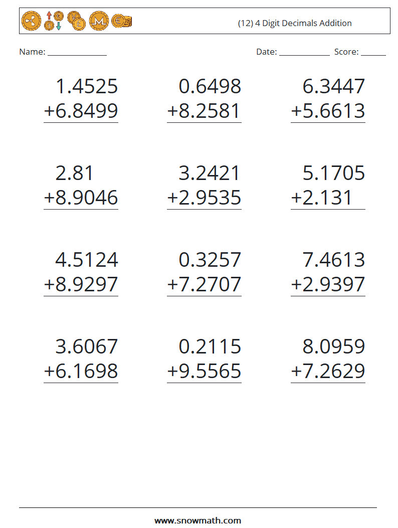 (12) 4 Digit Decimals Addition Maths Worksheets 13