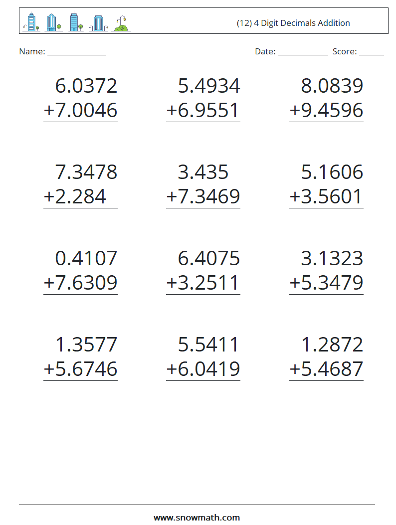 (12) 4 Digit Decimals Addition Maths Worksheets 15