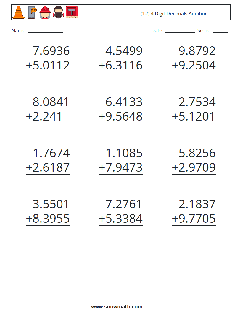 (12) 4 Digit Decimals Addition Maths Worksheets 16