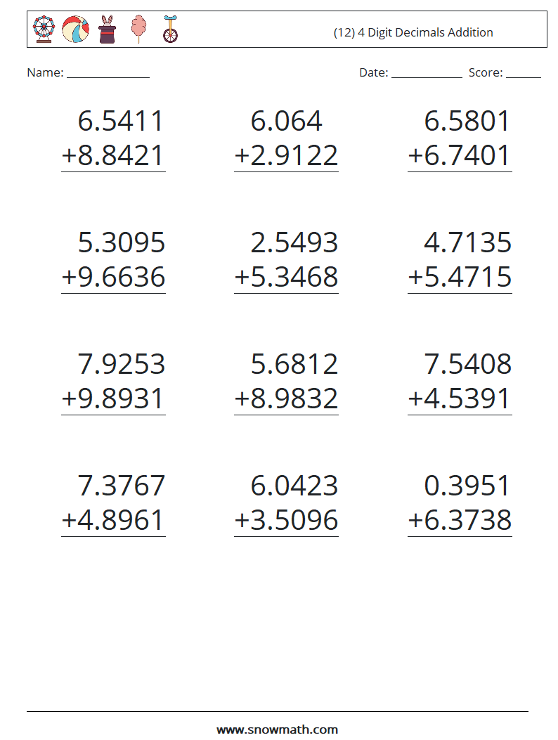 (12) 4 Digit Decimals Addition Math Worksheets 17