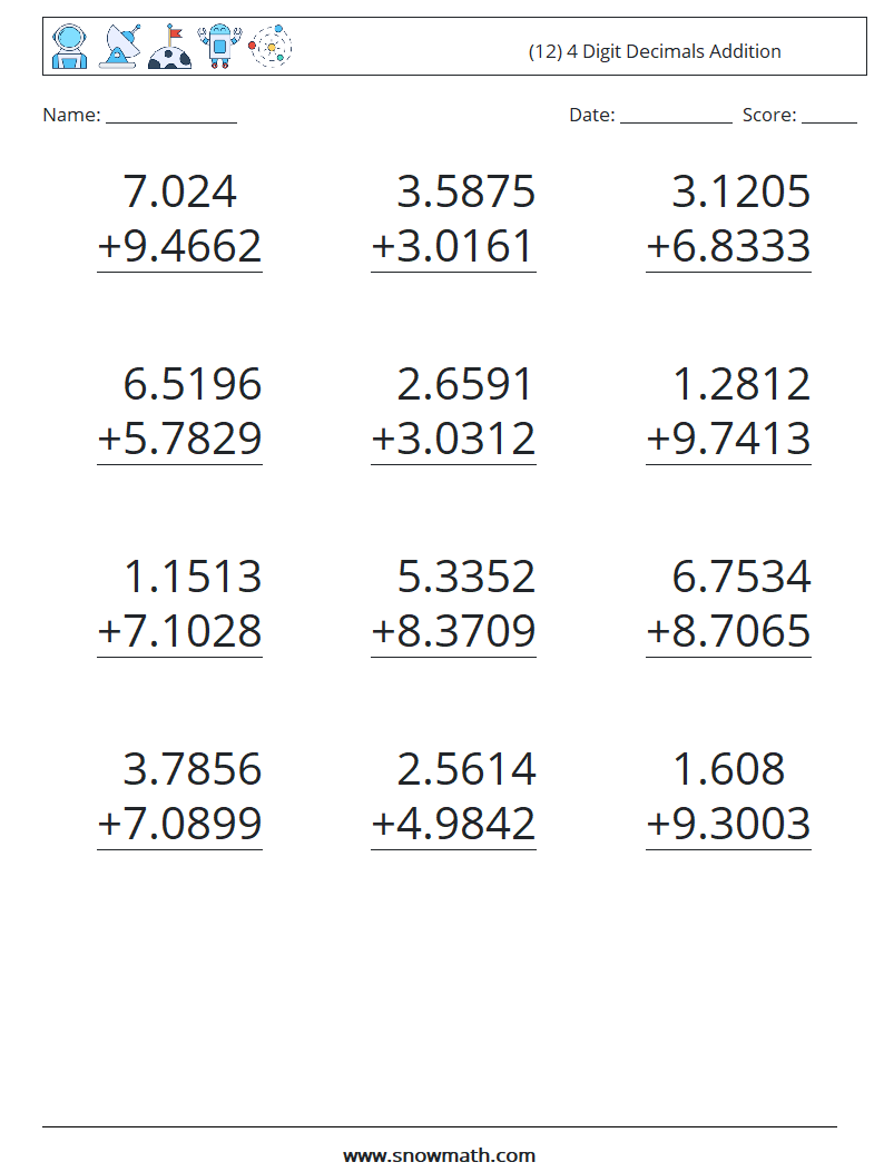 (12) 4 Digit Decimals Addition Maths Worksheets 18