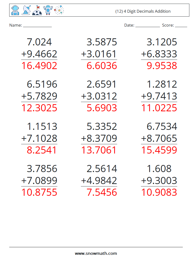 (12) 4 Digit Decimals Addition Math Worksheets 18 Question, Answer