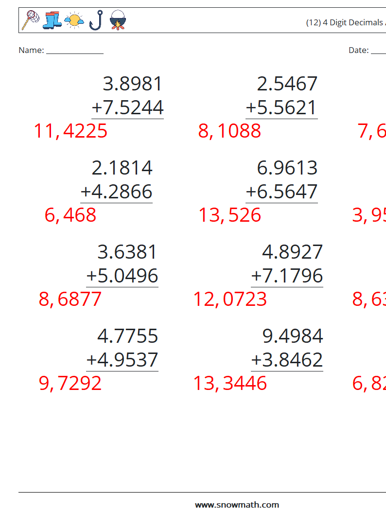 (12) 4 Digit Decimals Addition Math Worksheets 1 Question, Answer