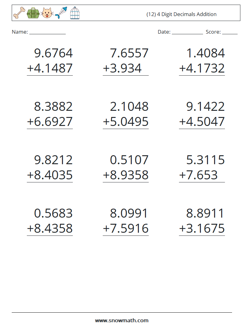 (12) 4 Digit Decimals Addition Maths Worksheets 2