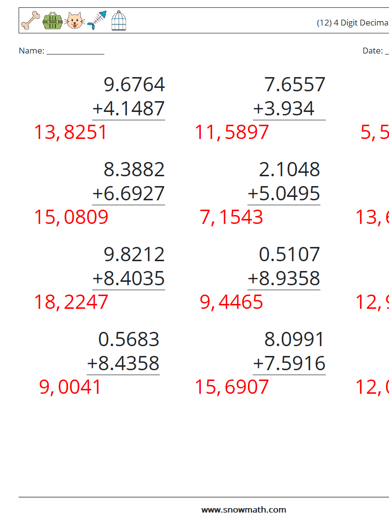 (12) 4 Digit Decimals Addition Math Worksheets 2 Question, Answer