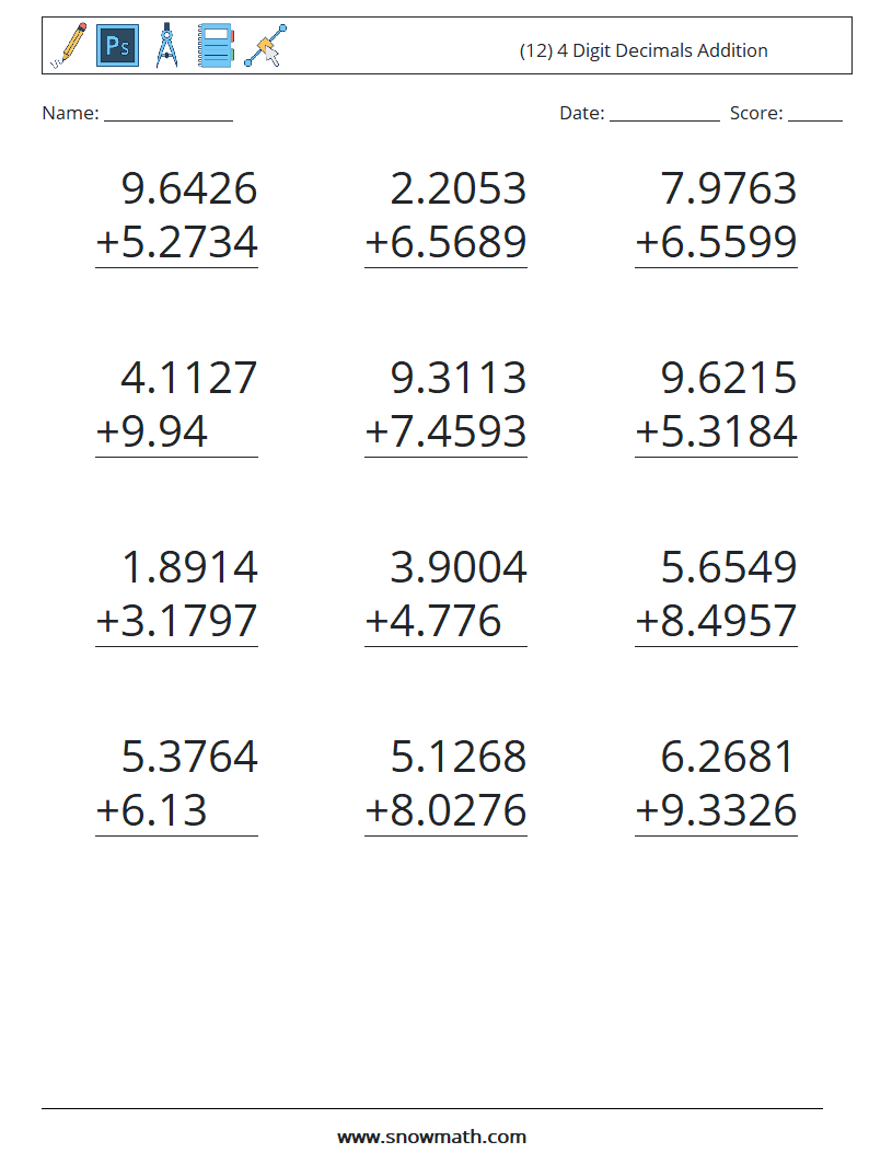 (12) 4 Digit Decimals Addition Maths Worksheets 3