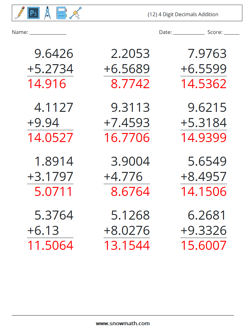 (12) 4 Digit Decimals Addition Math Worksheets 3 Question, Answer