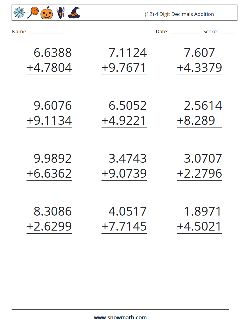 (12) 4 Digit Decimals Addition Math Worksheets 4