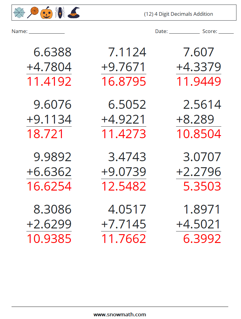 (12) 4 Digit Decimals Addition Math Worksheets 4 Question, Answer