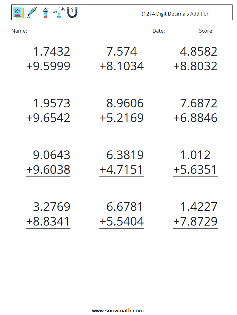 (12) 4 Digit Decimals Addition Maths Worksheets 5