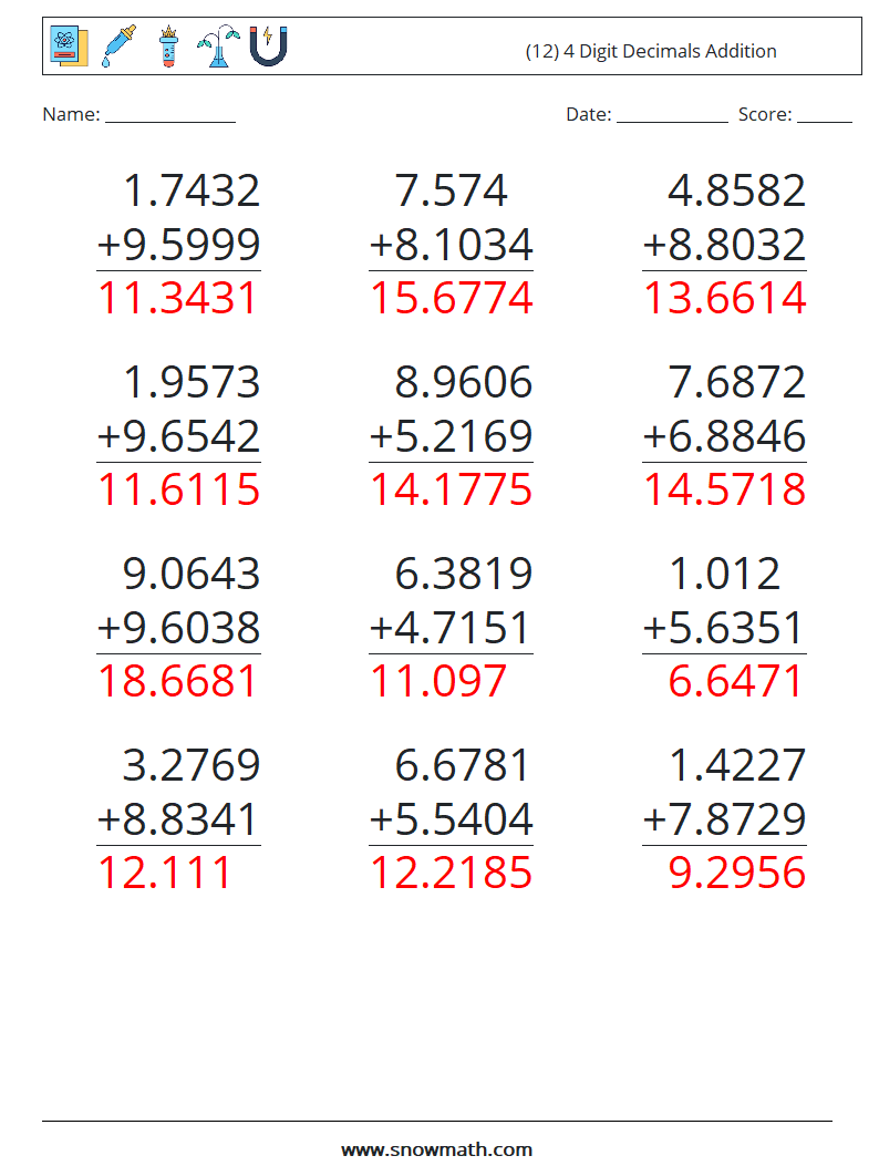 (12) 4 Digit Decimals Addition Math Worksheets 5 Question, Answer