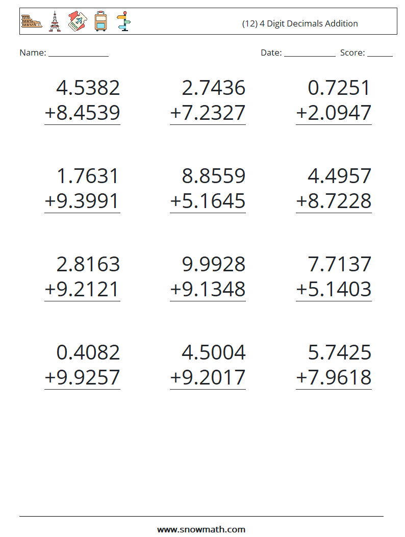 (12) 4 Digit Decimals Addition Maths Worksheets 6