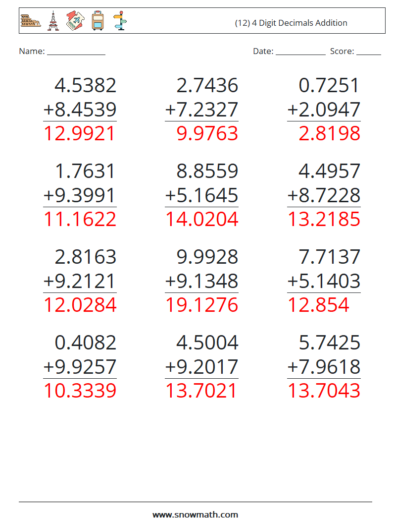 (12) 4 Digit Decimals Addition Math Worksheets 6 Question, Answer