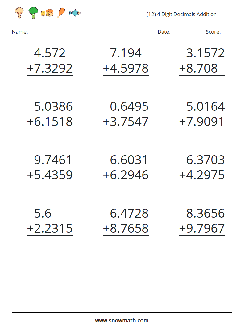 (12) 4 Digit Decimals Addition Maths Worksheets 7