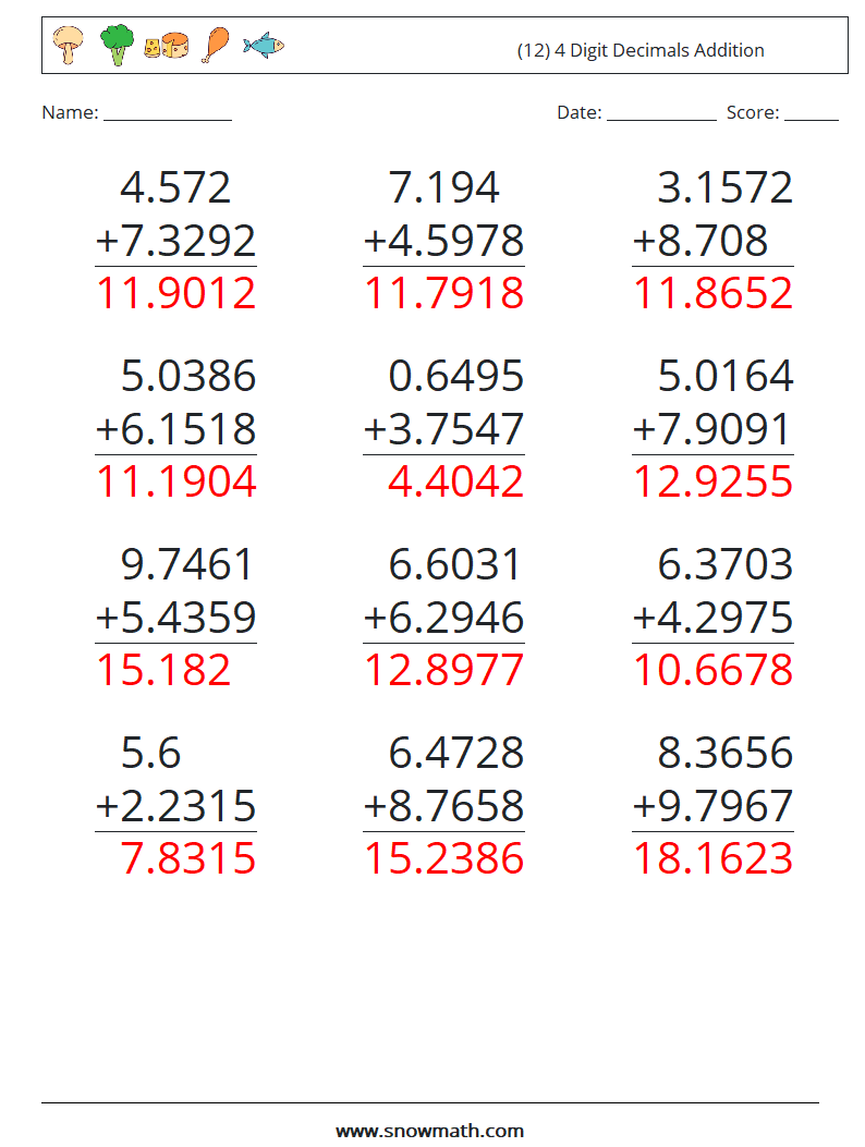 (12) 4 Digit Decimals Addition Math Worksheets 7 Question, Answer