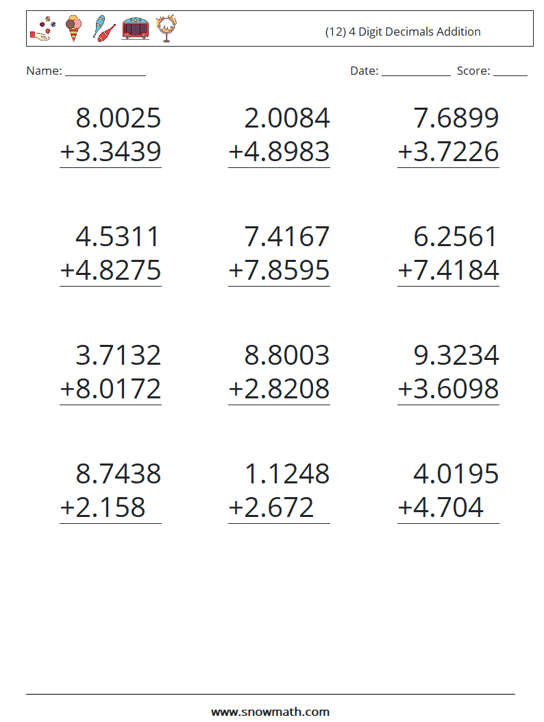 (12) 4 Digit Decimals Addition Math Worksheets 8