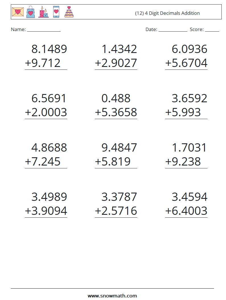 (12) 4 Digit Decimals Addition Math Worksheets 9