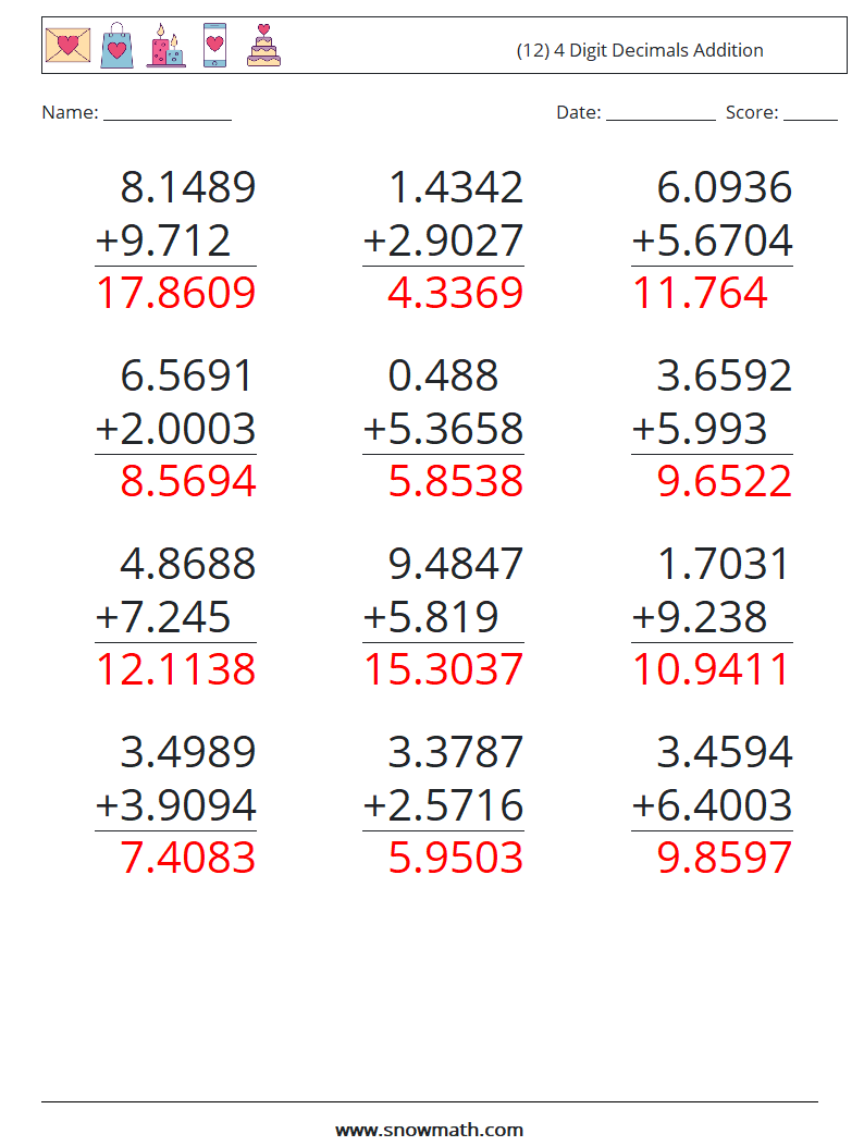 (12) 4 Digit Decimals Addition Math Worksheets 9 Question, Answer