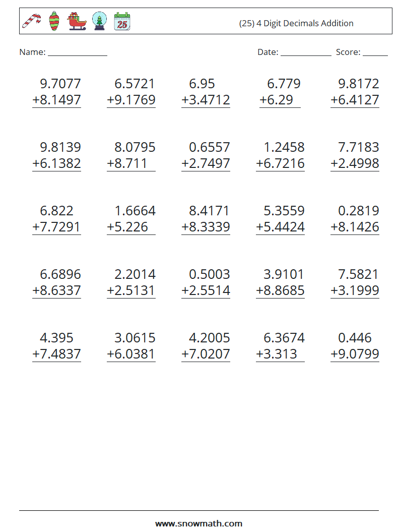 (25) 4 Digit Decimals Addition Maths Worksheets 1