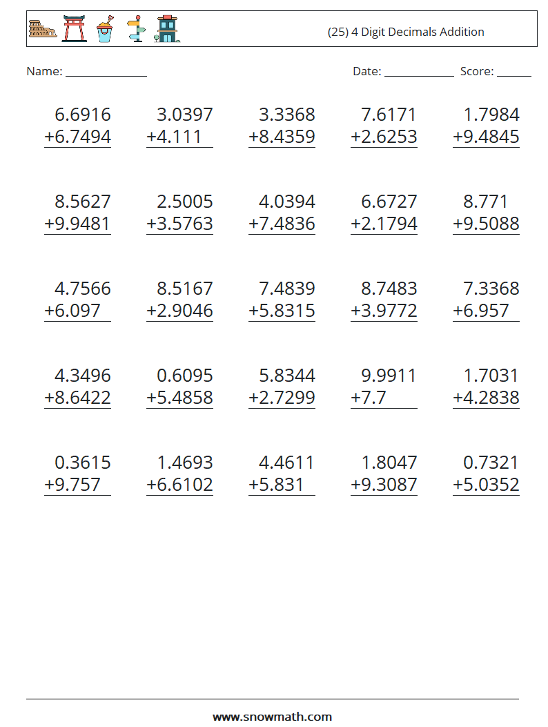 (25) 4 Digit Decimals Addition Math Worksheets 10
