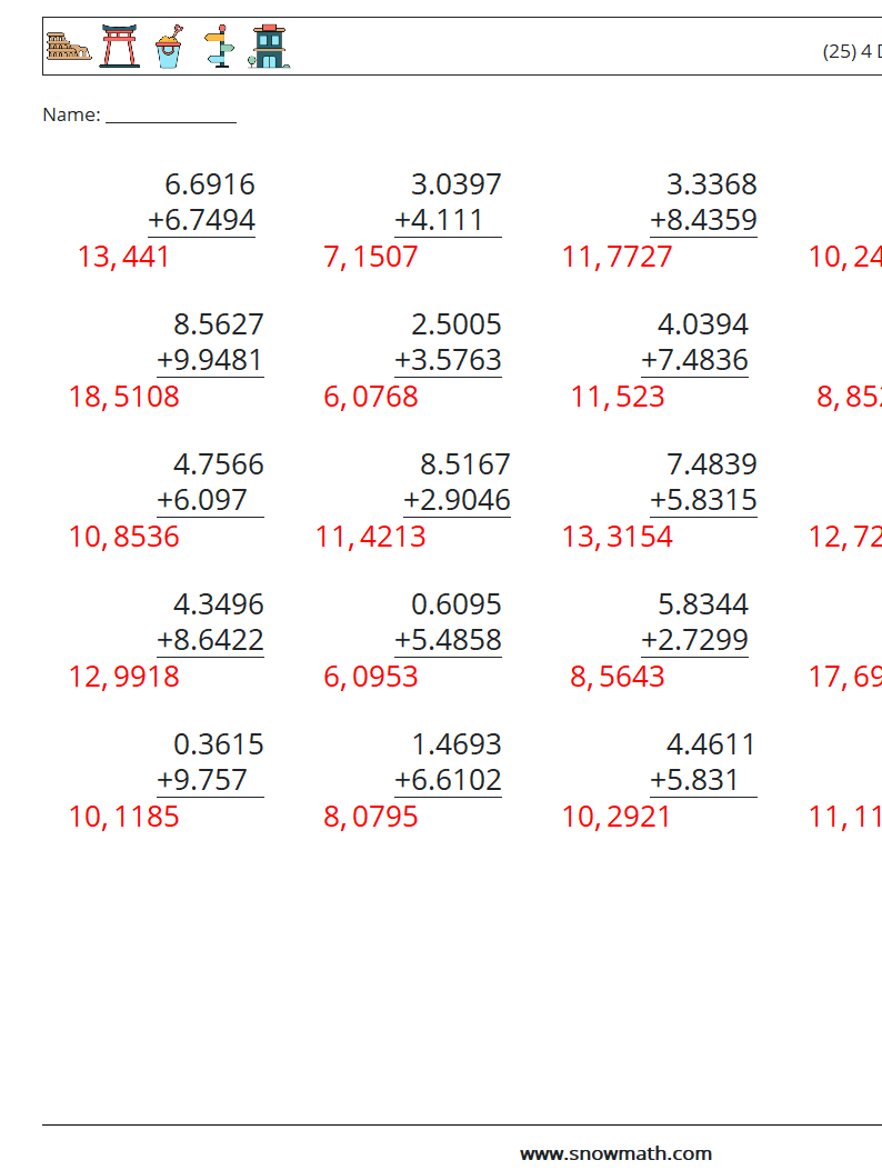 (25) 4 Digit Decimals Addition Math Worksheets 10 Question, Answer