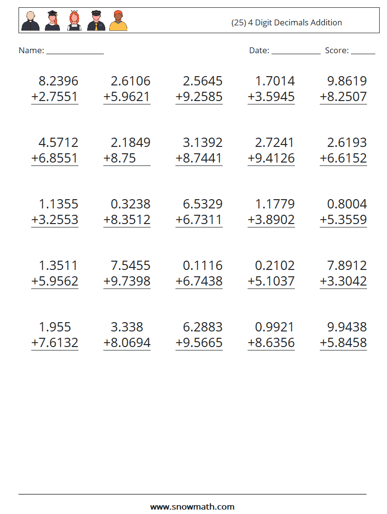 (25) 4 Digit Decimals Addition Math Worksheets 11