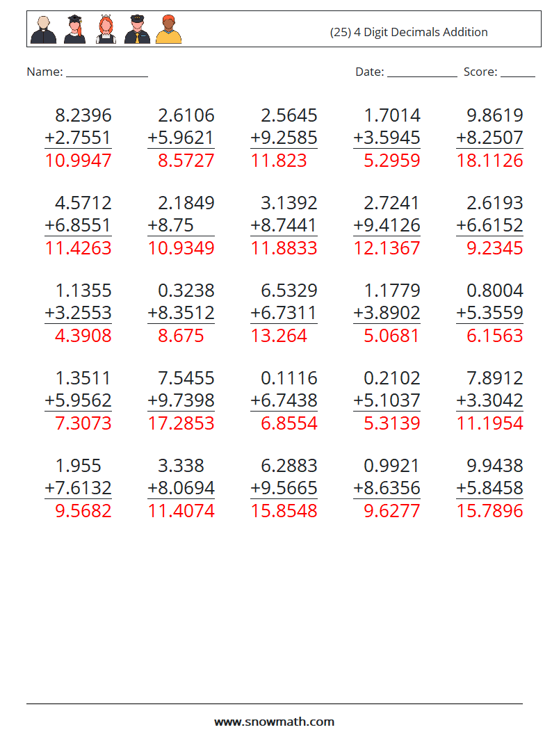 (25) 4 Digit Decimals Addition Math Worksheets 11 Question, Answer