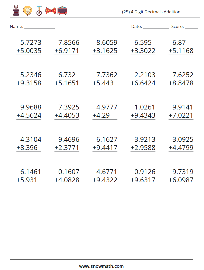 (25) 4 Digit Decimals Addition Math Worksheets 12